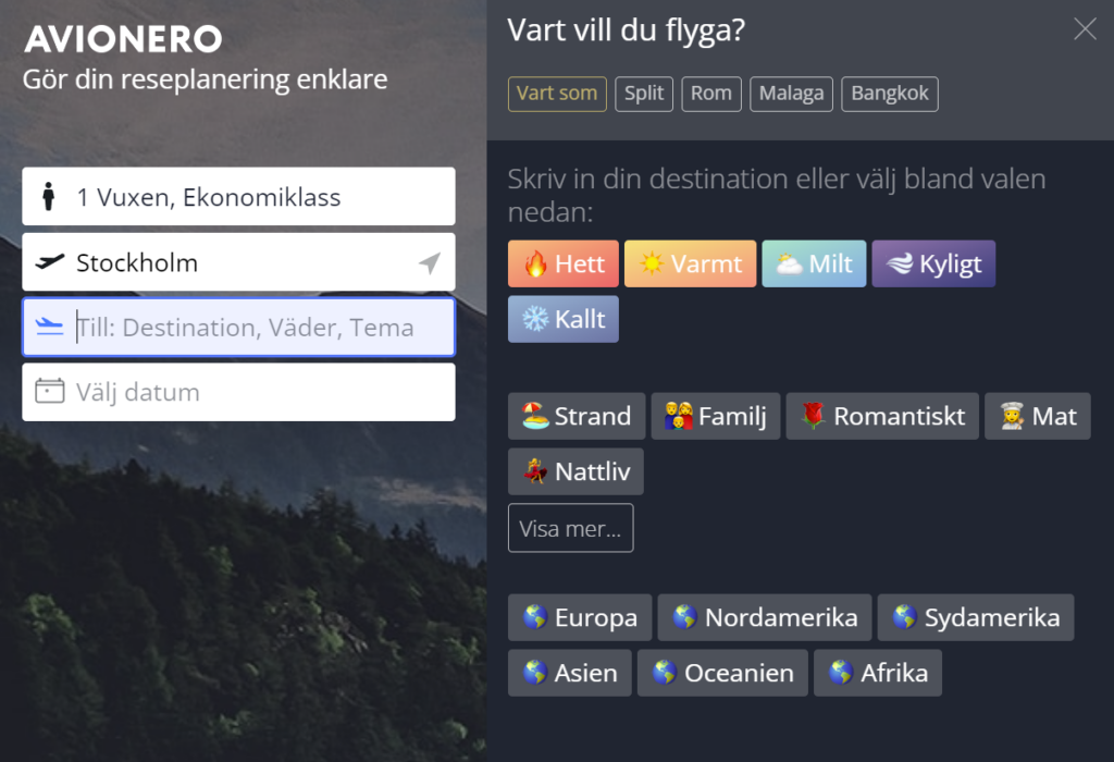 Avionero.se bokning från Stockholm till ett varmt land med strand mellan vissa datum
