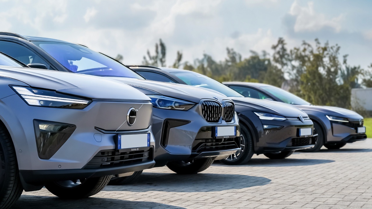 En bild med flera bilar: en Volvo EX60, en BMW iX3, en Volkswagen ID. Polo, en Polestar 5 och en Honda 0 Series.